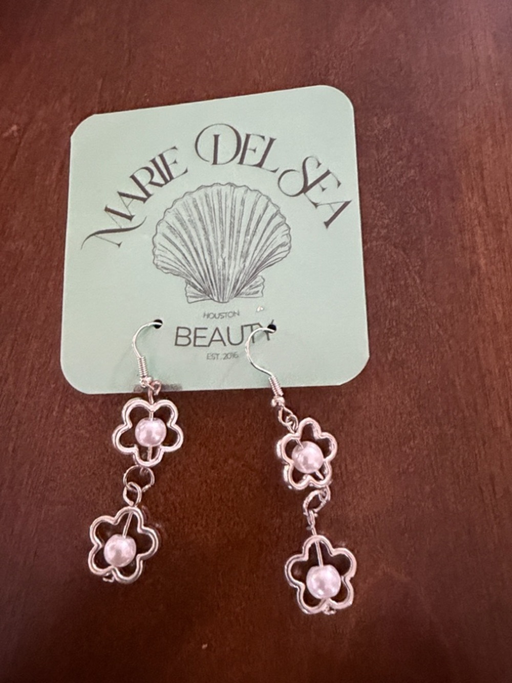 Silver Flower Dangle Earrings with Pearls - Pink